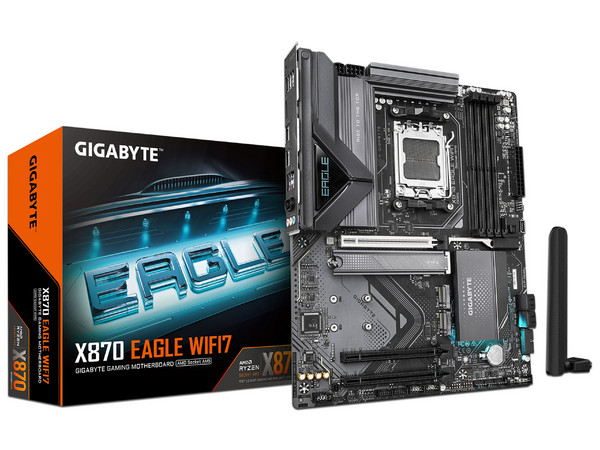 T. Madre GIGABYTE X870 EAGLE WIFI7: Chipset AMD X870,
Soporta: AMD Ryzen 7ma, 8va y 9na Generación, Socket AM5,
Memoria: DDR5 8200/ 6600/ 4400MHz, Máx. 256GB,
Integrado: AudioHD, Wi-Fi 7, USB 3.2, SATA, M.2,
ATX, 1xPCIE5.0x16, 2xPCIE3.0x16.