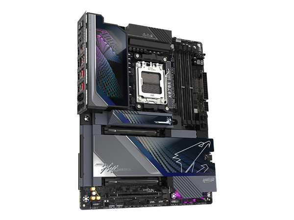 T. Madre Gigabyte X870E Aorus MASTER X,
Chipset X870E, Segmento: Alto,
Soporta: Procesadores AMD Ryzen 9000/8000/7000, Socket AM5,
Memoria: DDR5 9000 MHz, Hasta 256GB,
Integrado: Wi-Fi, Audio, HDMI, M.2,
ATX, Ptos: 1 x PCIEx16 5.0.