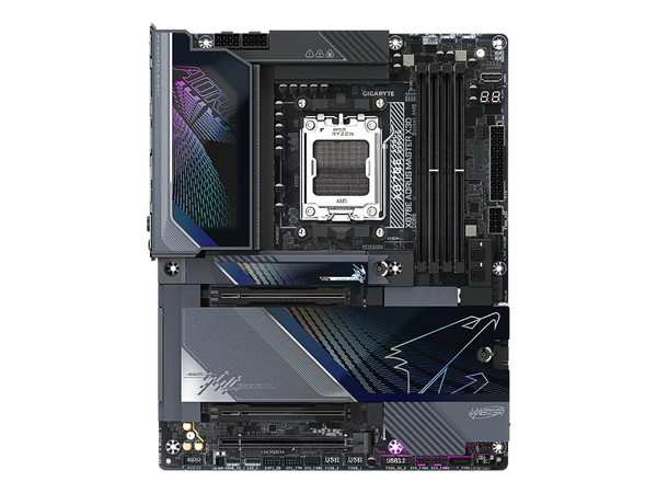 T. Madre Gigabyte X870E Aorus MASTER X,
Chipset X870E, Segmento: Alto,
Soporta: Procesadores AMD Ryzen 9000/8000/7000, Socket AM5,
Memoria: DDR5 9000 MHz, Hasta 256GB,
Integrado: Wi-Fi, Audio, HDMI, M.2,
ATX, Ptos: 1 x PCIEx16 5.0.