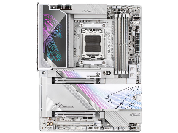 T. Madre Gigabyte X870E Aorus MASTER X ICE,
Chipset X870E, Segmento: Alto,
Soporta: Procesadores AMD Ryzen 9000/8000/7000, Socket AM5,
Memoria: DDR5 9000 MHz, Hasta 256GB,
Integrado: Wi-Fi, Audio, HDMI, M.2,
ATX, Ptos: 1 x PCIEx16 5.0. Color Blanco.
