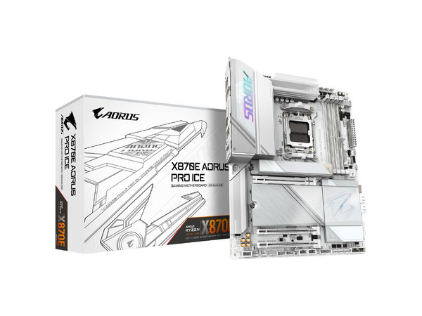 Tarjeta Madre GIGABYTE X870E AORUS PRO ICE,
Chipset AMD X870E, Soporta: Procesadores AMD Ryzen 9000, 8000 y 7000 Series, 
Socket AM5, Memoria DDR5 hasta 256GB, 
Integrado: Wi-Fi 7, Audio Realtek ALC1220, 
USB4, M.2, ATX.