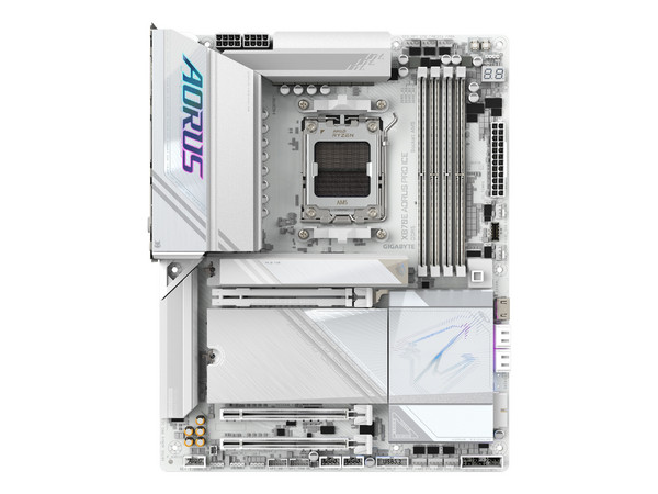 Tarjeta Madre GIGABYTE X870E AORUS PRO ICE,
Chipset AMD X870E, Soporta: Procesadores AMD Ryzen 9000, 8000 y 7000 Series, 
Socket AM5, Memoria DDR5 hasta 256GB, 
Integrado: Wi-Fi 7, Audio Realtek ALC1220, 
USB4, M.2, ATX.