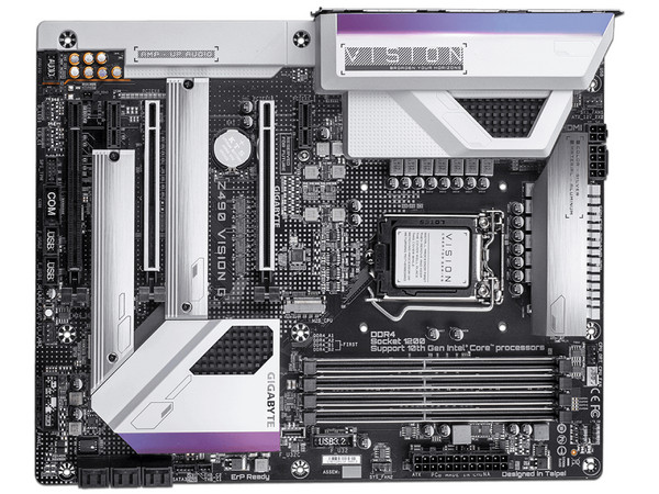 T. Madre Gigabyte Z490 VISION G, Chipset Intel Z490, Soporta: Intel Core 10ma Gen/ Pentium/ Celeron, Socket 1200, Memoria: DDR4 5000(OC)/2933/2133 MHz, 128GB Max, Integrado: Audio HD, Red, USB 3.2 y SATA 3.0, ATX, Ptos: 3xPCIEX16, 1xPCIEX1.