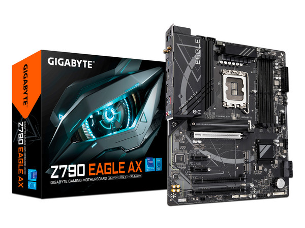 T. Madre Gigabyte Z790 EAGLE AX: Chipset Intel Z790, 
Soporta Procesador Intel de 13va y 14va generación, Socket 1700,
Memoria: DDR5 7600/6200(OC)/4800 MHz, 256GB Max, 
Integrado: Audio HD, Red, USB 3.2, M.2, Wi-Fi, ATX, 
Ptos: 1xPCIE5.0x16, 2xPCIEx1