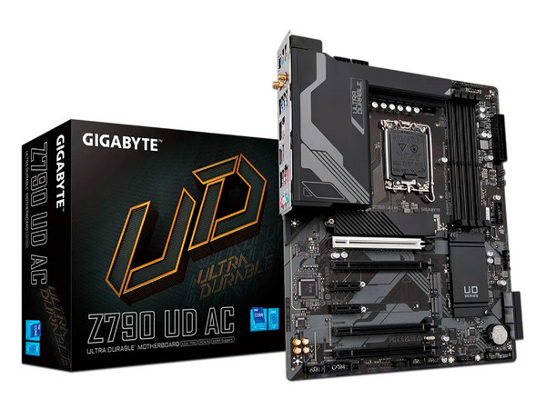 T. Madre Gigabyte Z790 UD AC, 
Chipset Intel Z790,
Segmento: Alto,
Soporta Procesador Intel de 13a y 12va generación, Socket 1700,
Memoria:DDR5 7600(OC)/6400(OC)/4000 MHz, 128GB Max, 
Integrado: Audio HD, Wi-Fi, USB 3.2, M.2, 
ATX, 4xPCIEx16.