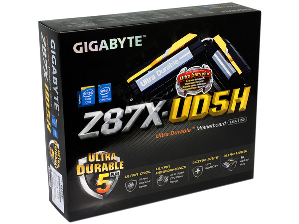 T. Madre Gigabyte Z87X-UD5H Chipset Intel Z87 Exp.,
Soporta: Core i7/i5/i3 de Socket 1150,
Memoria: DDR3 3000(O.C.)/1800(O.C)/1600/1333 MHz 32GB Max,
Integrado: Audio HD, Red,
USB 3.0 y SATA 3.0,
ATX, Ptos: 3xPCIEx16, 3xPCIEx1.