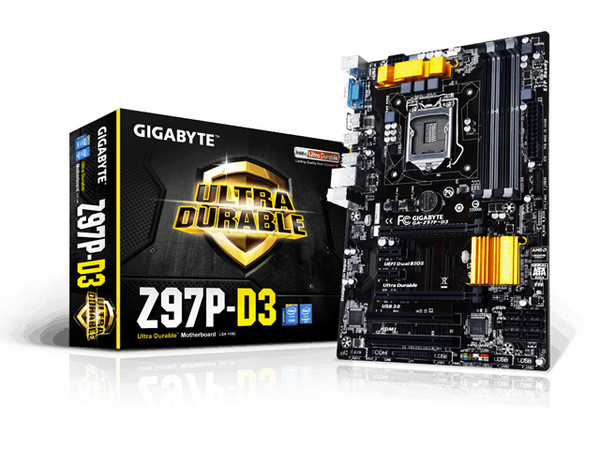 T. Madre Gigabyte Z97P-D3, Intel Z97,
Soporta: Core i7 /i5 /i3 / Pentium G / Celeron G de Socket 1150,
Memoria: DDR3 3000(O.C.)/ 1600/1333 MHz, Max. 32GB,
Integrado: Audio HD, Red,
SATA 3.0, USB 3.0, 
ATX, Ptos: 2xPCIEX16, 2xPCIEX1, 2PCI.