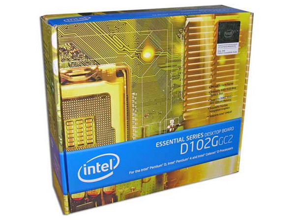 T. Madre Intel D102GGC2L, ChipSet ATI Xpress200,
Soporta: Intel LGA775 (65nm y 90nm) FSB 800MHz,
Integrado: Audio, Video ATI Radeon X300, Red,
Memoria: DDR2  533/400, 2 Bancos, 2GB Max,
Diseño: MicroATX, Ptos: 1 x PCI Express x16;
2