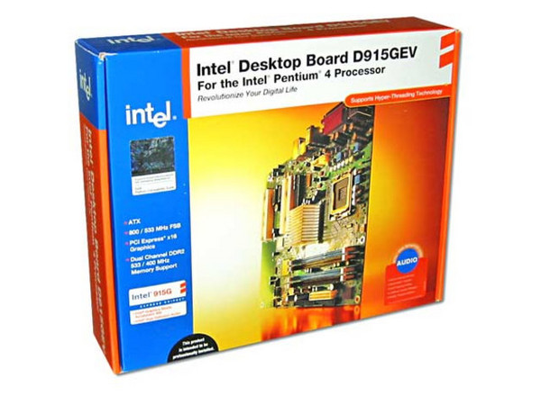 T. Madre Intel D915GEV, ChipSet 915G Express,
Soporta: Intel LGA775 de 800MHz,
Integrado: Audio, Video Intel Accelerator 900,
Memoria: DDR2 533/400, 4 Bancos, 4GB Max,
Diseño: ATX, Ptos: 1x PCI Express x16;
2x PCI Express x1; 4 x PCI slots