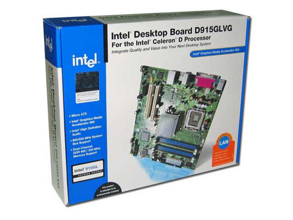 T. Madre Intel D915GLVGL, ChipSet Intel 915GL,
Soporta: Intel LGA775 de FSB 533/800MHz,
Integrado: Audio, Video GMA900, Red 10/100,
Memoria: DDR 333/400 Mhz, 4 Bancos, 4GB Max,
Diseño: Micro ATX, Ptos:1x PCI Express x1,
2 x PCI Convencionales.