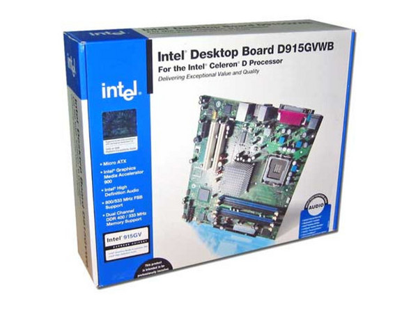 T. Madre Intel D915GVWB, ChipSet Intel 915GV,
Soporta: Intel LGA775 de 800MHz,
Integrado: Audio, Video Intel Accelerator 900,
Memoria: DDR 333/400 Mhz, 4 Bancos, 4GB Max,
Diseño: Micro ATX, Ptos:1x PCI Express x1,
2 x PCI Convencionales.