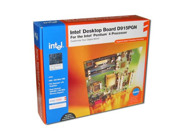 T. Madre Intel D915PGN, ChipSet 915P Express,
Soporta: Intel LGA775 de 800MHz,
Integrado: Audio High Definition de 6 canales,
Memoria: DDR 400/333, 4 Bancos, 4GB Max,
Diseño: ATX, Ptos: 1 x PCI Express x16;
2x PCI Express x1; 4 x PCI slots