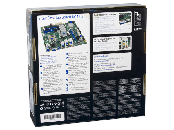 T. Madre Intel DG43GT, ChipSet Intel G43 Express,
Soporta: Core 2 Quad, 2Duo,1066/1333MHz,
Integrado: Audio 7.1, Video Intel X4500 HDMI, Red,
Memoria: DDR2 800/667MHz, 8GB Max,
Diseño: mATX, Ptos: 1xPCEx16 2.0, 2xPCIE, 1xPCI