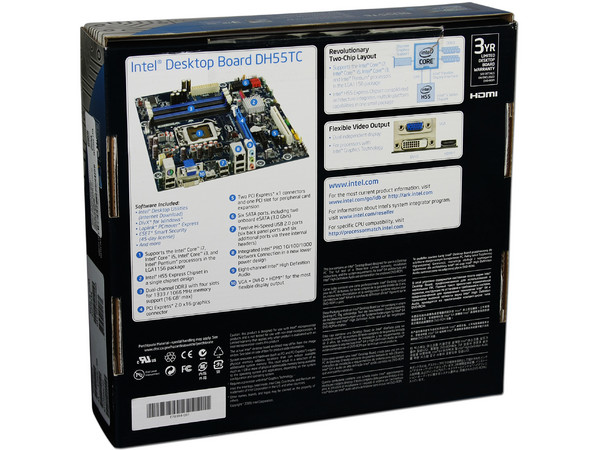 T. Madre Intel DH55TC, ChipSet Intel H55 Exp.,
Soporta: Core i7, Core i5 y Core i3 de Socket 1156,
Integrado: Audio 5.1, Red 10/100/1000,
Memoria: DDR3 1333/1066MHz, 16GB Max,
mATX, Ptos: 1xPCEx16, 2xPCEx1, 1xPCI