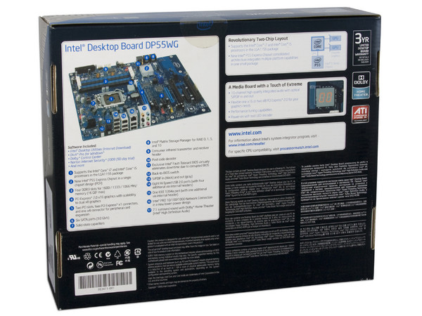 T. Madre Intel DP55WG, ChipSet Intel P55 Exp.,
Soporta: Core i7 y Core i5 de Socket 1156,
Integrado: Audio 7.1, Red 10/100/1000,
Memoria: DDR3 1600/1333MHz, 8GB Max,
ATX, Ptos: 1xPCEx16, 1xPCEx8, 1xPCIEx4