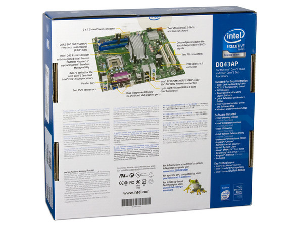 T. Madre Intel DQ43AP, ChipSet Intel Q43 Express,
Soporta: Core 2 Quad, 2Duo,1066/1333MHz,
Integrado: Audio 5.1, Video Intel 4500, Red,
Memoria: DDR2 800/667MHz, 8GB Max,
Diseño: mATX, Ptos: 2xPCIE x1, 1xPCI