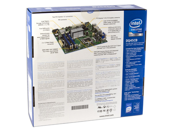 T. Madre Intel DQ45CB, ChipSet Intel Q45 Express,
Soporta: Core 2 Quad, 2Duo,1066/1333MHz,
Integrado: Audio 5.1, Video Intel GMA 4500, Red,
Memoria: DDR2 800/667MHz, 8GB Max,
Diseño: mATX, Ptos: 1xPCEx16, 2xPCIE, 1xPCI