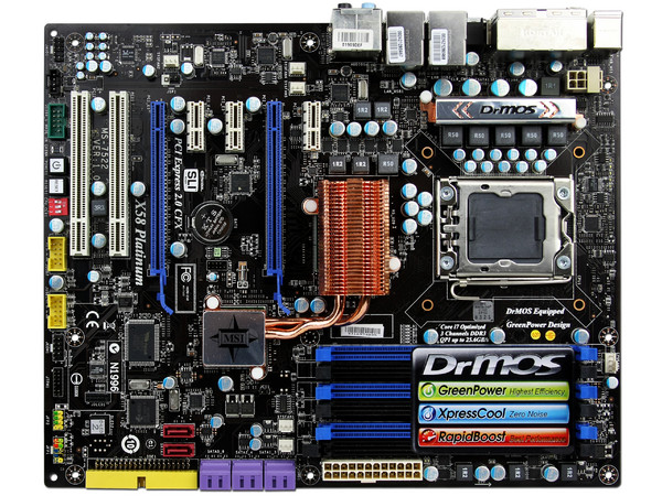 T. Madre MSI X58 Platinum, ChipSet Intel X58,
Soporta: Core i7 920, 940, 960 de Socket 1366,
Integrado: Audio 7.1, Red 10/100/1000,
Memoria: DDR3 1600+(O.C.)/1333(O.C.)/1066MHz, 24GBMax,
ATX, Ptos: 2xPCEx16, 3xPCIEx1, 2xPCI