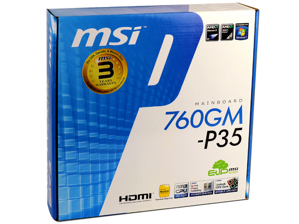 T. Madre MSI 760GM-P35, ChipSet AMD 760G,
Soporta: Phenom X4 de Socket AM3,
Integrado: Video Radeon  HD 3000, AudioHD, Red,
Memoria: DDR3 1600*(OC)/1333/1066MHz, Max 16GB
Diseño mATX, Ptos: 1xPCIEX16, 2xPCIEx1, 1xPCI