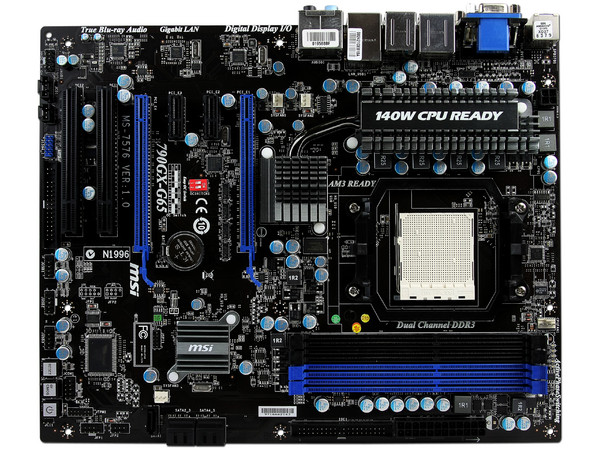 T. Madre MSI 790GX-G65, ChipSet AMD 790GX,
Soporta: Phenom II X3 y X4 de Socket AM3,
Integrado: Video ATI HD3300, Audio HD, Red,
Memoria: DDR3 1333/1066 MHz,
Diseño ATX, Ptos: 2xPCIEX16, 2xPCI-EX1, 2xPCI 
