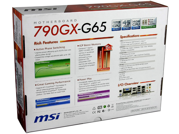T. Madre MSI 790GX-G65, ChipSet AMD 790GX,
Soporta: Phenom II X3 y X4 de Socket AM3,
Integrado: Video ATI HD3300, Audio HD, Red,
Memoria: DDR3 1333/1066 MHz,
Diseño ATX, Ptos: 2xPCIEX16, 2xPCI-EX1, 2xPCI 