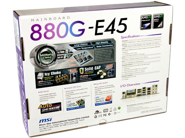 T. Madre MSI 880G-E45, ChipSet AMD 880G,
Soporta: Phenom II X4/X3 de Socket AM3,
Integrado: Video Radeon HD 4250, Audio HD, Red,
Memoria: DDR3 1600(O.C.)/1333/1066MHz, 16GB Max,
Diseño ATX, Ptos: 1xPCIEX16, 3xPCIEX1, 2xPCI