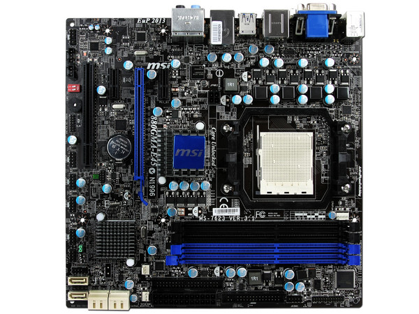 T. Madre MSI 880GMA-E45, ChipSet AMD 880G,
Soporta: Phenom II X6 y X4 de Socket AM3,
Integrado: Video ATI Radeon HD 4250, Audio HD, Red,
Memoria: DDR3 1600 (O.C.)1333/1066MHz,
Diseño ATX, Ptos: 1xPCIEX16, 2xPCIEX1