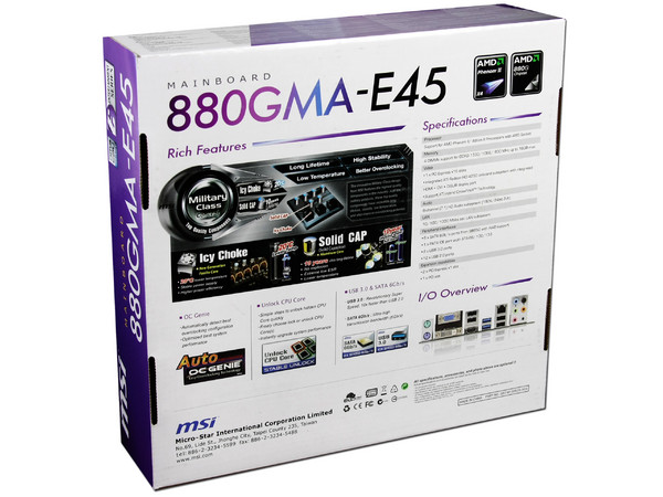 T. Madre MSI 880GMA-E45, ChipSet AMD 880G,
Soporta: Phenom II X6 y X4 de Socket AM3,
Integrado: Video ATI Radeon HD 4250, Audio HD, Red,
Memoria: DDR3 1600 (O.C.)1333/1066MHz,
Diseño ATX, Ptos: 1xPCIEX16, 2xPCIEX1
