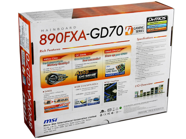 T. Madre MSI 890FXA-GD70, ChipSet AMD 890FX,
Soporta: Phenom II X6 y X4 de Socket AM3,
Integrado: Audio HD, 10/100/1000Mbps,
Memoria: DDR3 2133 (O.C.)1800/1066MHz,
Diseño ATX, Ptos: 5xPCIEX16, 1xPCIEX1, 1xPCI