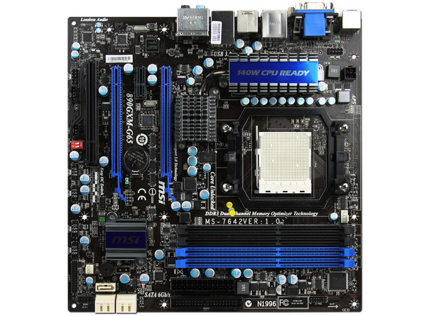 T. Madre MSI 890GXM-G65, ChipSet AMD 890GX,
Soporta: Phenom II X6 y X4 de Socket AM3,
Integrado: Video ATI Radeon HD4290 , Audio HD, Red,
Memoria: DDR3 1600 (O.C.)1333/1066MHz,
Diseño ATX, Ptos: 1xPCIEX16, 1xPCIEX8, 