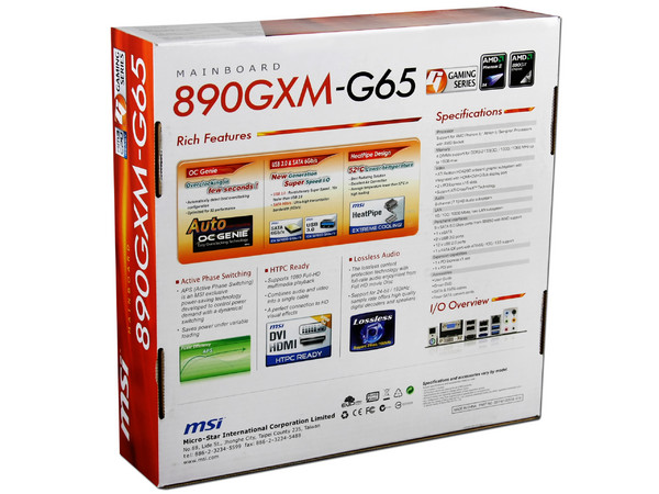 T. Madre MSI 890GXM-G65, ChipSet AMD 890GX,
Soporta: Phenom II X6 y X4 de Socket AM3,
Integrado: Video ATI Radeon HD4290 , Audio HD, Red,
Memoria: DDR3 1600 (O.C.)1333/1066MHz,
Diseño ATX, Ptos: 1xPCIEX16, 1xPCIEX8, 