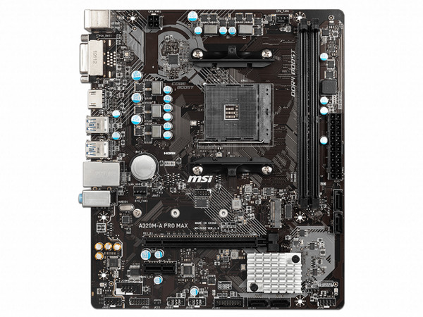 T. Madre MSI A320M-A PRO MAX, Chipset AMD A320, Soporta: AMD Ryzen 1a, 2a y 3a generación, Socket AM4, Memoria DDR4 3200/2667/1866MHz, 32GB Máx, Integrado: Audio HD, Red, USB 3.2, SATA 3.0, M.2, Micro-ATX, Puertos: 1x PCIe3.0x16, 1x PCIe2.0x1.