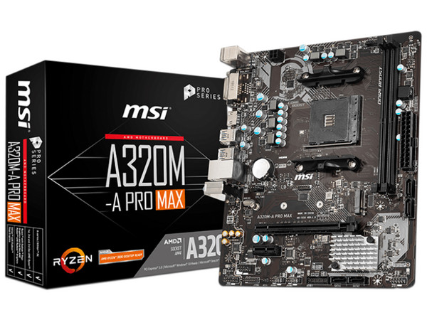 T. Madre MSI A320M-A PRO MAX, Chipset AMD A320, Soporta: AMD Ryzen 1a, 2a y 3a generación, Socket AM4, Memoria DDR4 3200/2667/1866MHz, 32GB Máx, Integrado: Audio HD, Red, USB 3.2, SATA 3.0, M.2, Micro-ATX, Puertos: 1x PCIe3.0x16, 1x PCIe2.0x1.