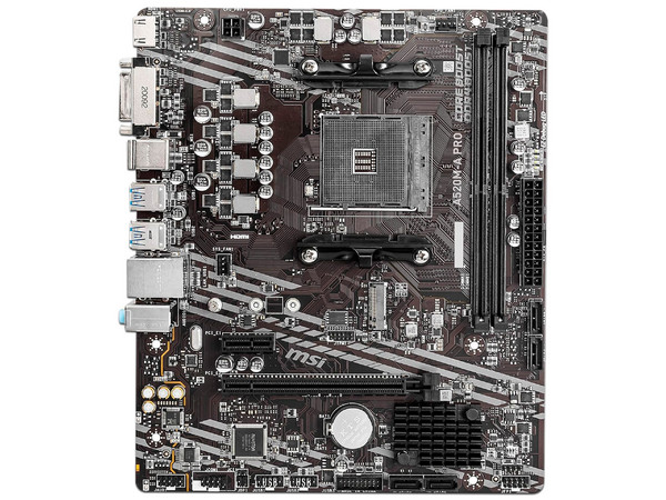 T. Madre MSI A520M-A PRO,
Chipset AMD A520,
Segmento: Básico,
Soporta: AMD Ryzen 3ra, 4ta y 5ta Generación, Socket AM4,
RAM: DDR4 4600+/ 3200/ 2133 MHz, 64GB Max,
Integrado: Audio HD, Red, USB 3.0, SATA 3.0, M.2,
Micro-ATX, Ptos: 1xPCIEx16 3.0 (Caj
