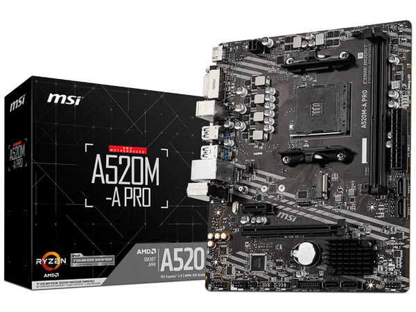 T. Madre MSI A520M-A PRO,
Chipset AMD A520,
Segmento: Básico,
Soporta: AMD Ryzen 3ra, 4ta y 5ta Generación, Socket AM4,
RAM: DDR4 4600/ 3200/ 2133 MHz, 64GB Max,
Integrado: Audio HD, Red, USB 3.0, SATA 3.0, M.2,
M-ATX, Ptos: 1xPCIEx16, 1xPCIEx1