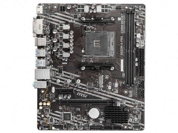 T. Madre MSI A520M-A PRO,
Chipset AMD A520,
Segmento: Básico,
Soporta: AMD Ryzen 3ra, 4ta y 5ta Generación, Socket AM4,
RAM: DDR4 4600/ 3200/ 2133 MHz, 64GB Max,
Integrado: Audio HD, Red, USB 3.0, SATA 3.0, M.2,
M-ATX, Ptos: 1xPCIEx16, 1xPCIEx1