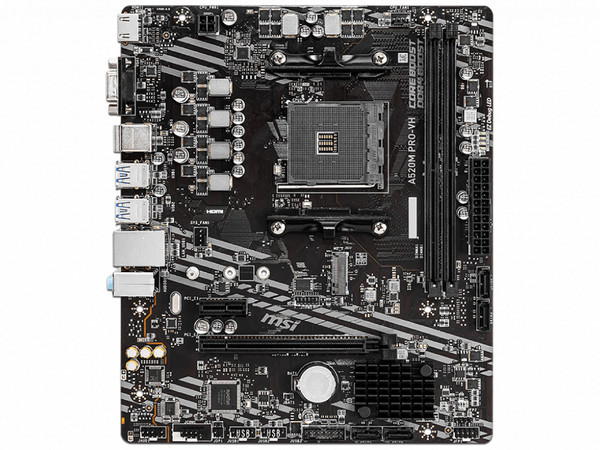 T. Madre MSI A520M PRO-VH, Chipset AMD A520M,
Soporta: AMD Ryzen 3ra, 4ta y 5ta Generación, Socket AM4,
Memoria: DDR4 4600/ 3000 / 2133 MHz, 64GB Max,
Integrado: Audio HD, Red, USB 3.2 y SATA 3.0, M.2,
Micro-ATX, Ptos: 1xPCIEx16, 2xPCIEx1.