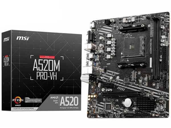 T. Madre MSI A520M PRO-VH, Chipset AMD A520M,
Soporta: AMD Ryzen 3ra, 4ta y 5ta Generación, Socket AM4,
Memoria: DDR4 4600/ 3000 / 2133 MHz, 64GB Max,
Integrado: Audio HD, Red, USB 3.2 y SATA 3.0, M.2,
Micro-ATX, Ptos: 1xPCIEx16, 2xPCIEx1.