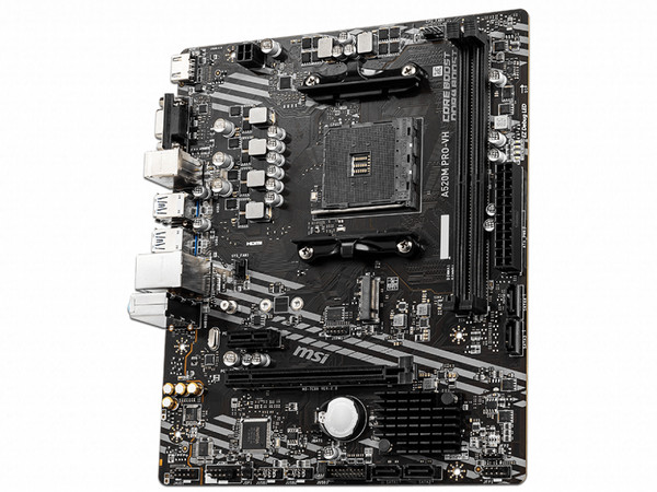 T. Madre MSI A520M PRO-VH, Chipset AMD A520M,
Soporta: AMD Ryzen 3ra, 4ta y 5ta Generación, Socket AM4,
Memoria: DDR4 4600/ 3000 / 2133 MHz, 64GB Max,
Integrado: Audio HD, Red, USB 3.2 y SATA 3.0, M.2,
Micro-ATX, Ptos: 1xPCIEx16, 2xPCIEx1.