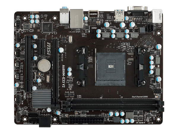 T. Madre MSI A68HM-E33 V2, ChipSet AMD A68H.
Soporta: AMD Series A / Athlon de Socket FM2+,
Memoria: DDR3 1333/1600/1866/2133*(*OC) MHz, 32GB Max,
Integrado: Audio HD, Red,
Micro ATX, Ptos: 1xPCIEx16, 1xPCIEx1.