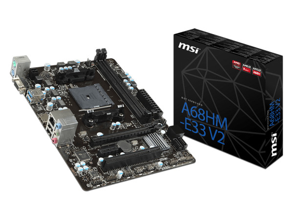 T. Madre MSI A68HM-E33 V2, ChipSet AMD A68H.
Soporta: AMD Series A / Athlon de Socket FM2+,
Memoria: DDR3 1333/1600/1866/2133*(*OC) MHz, 32GB Max,
Integrado: Audio HD, Red,
Micro ATX, Ptos: 1xPCIEx16, 1xPCIEx1.