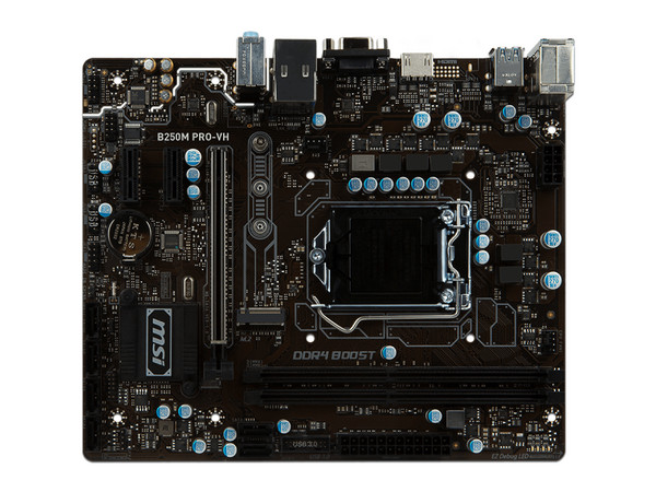 T. Madre MSI B250M PRO-VH, Chipset Intel B250,
Soporta: 6ª / 7ª Gen. Core i3/i5/i7, Pentium y Celeron, Socket 1151,
Memoria: DDR4 2400/2133 MHz, 32GB Max,
Integrado: VGA, HDMI,
USB 3.0,
Micro-ATX, Ptos: 1xPCIE3.0x16, 2xPCIE3.0x1.