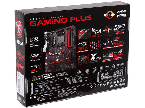 T. Madre MSI B350 GAMING PLUS, ChipSet AMD B350, 
Soporta: AMD Ryzen/ Athlon 7ma Gen A-Series de Socket AM4,
Memoria: DDR4 1866/2667(OC)/2933(OC)MHz, 64GB Max,
Integrado: Audio HD, Red, USB 3.0 y SATA 3.0,
ATX, Ptos: 2xPCIEx1, 2xPCIE.