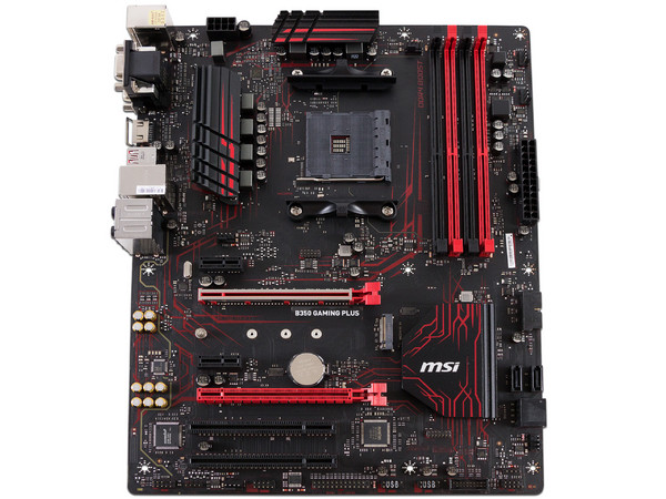 T. Madre MSI B350 GAMING PLUS, ChipSet AMD B350, 
Soporta: AMD Ryzen/ Athlon 7ma Gen A-Series de Socket AM4,
Memoria: DDR4 1866/2667(OC)/2933(OC)MHz, 64GB Max,
Integrado: Audio HD, Red, USB 3.0 y SATA 3.0,
ATX, Ptos: 2xPCIEx1, 2xPCIE.