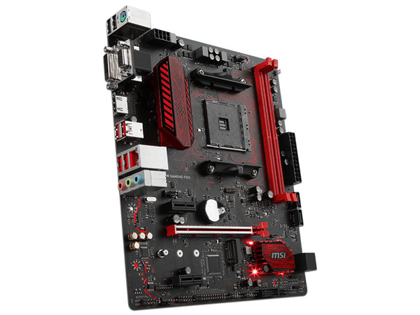 T. Madre MSI B350M GAMING PRO, ChipSet AMD B350, 
Soporta: AMD Ryzen/ Athlon / 7ma Gen A-Series de Socket AM4,
Memoria: DDR4 3200(O.C.)/2400/1866 MHz, 32GB Max,
Integrado: Audio HD, Red, USB 3.1 y SATA 3.0, 
ATX, Ptos: 1xPCIEx16, 2xPCIEx1.