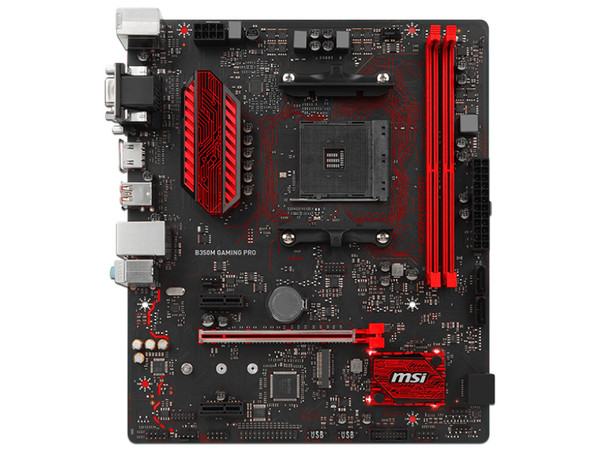 T. Madre MSI B350M GAMING PRO, ChipSet AMD B350, 
Soporta: AMD Ryzen/ Athlon / 7ma Gen A-Series de Socket AM4,
Memoria: DDR4 3200(O.C.)/2400/1866 MHz, 32GB Max,
Integrado: Audio HD, Red, USB 3.1 y SATA 3.0, 
ATX, Ptos: 1xPCIEx16, 2xPCIEx1.