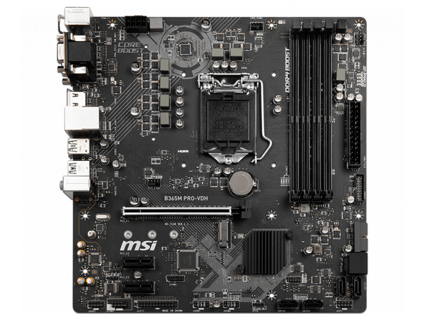 T. Madre MSI B365 PRO-VDH, Chipset Intel B365,
Soporta: Intel Core i9/ i7/ i5 /i3 de 8va y 9na Gen., Socket 1151,
Memoria: DDR4 2666/2400/2133 MHz, 64GB Max,
Integrado Audio HD, Red Gigabit,
USB 3.0, USB tipo C, Sata 3.0,
Micro-ATX, Ptos: 1xPCIEx16