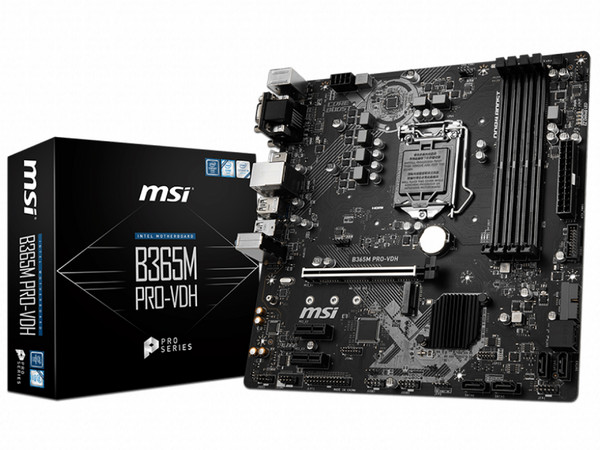 T. Madre MSI B365 PRO-VDH, Chipset Intel B365,
Soporta: Intel Core i9/ i7/ i5 /i3 de 8va y 9na Gen., Socket 1151,
Memoria: DDR4 2666/2400/2133 MHz, 64GB Max,
Integrado Audio HD, Red Gigabit,
USB 3.0, USB tipo C, Sata 3.0,
Micro-ATX, Ptos: 1xPCIEx16
