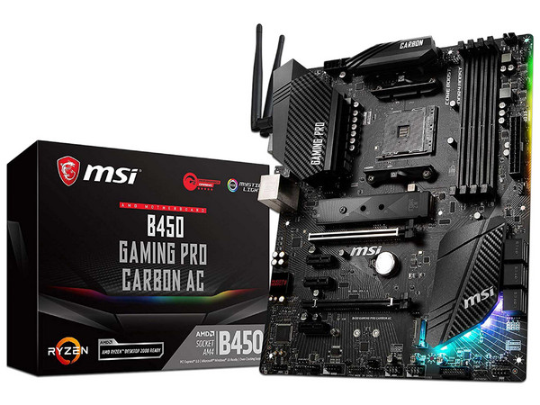 T. Madre MSI B450M GAMING PRO CARBON AC, Chipset AMD B450,
Soporta: AMD Ryzen 1ra y 2da generación, Socket AM4,
Memoria DDR4 1866/2133/2400 / 2667Mhz, 64GB Máx,
Integrado: USB 3.0, M.2,
ATX, Puertos: 1 x PCIe 3.0x16, 3 x PCIe 2.0x1