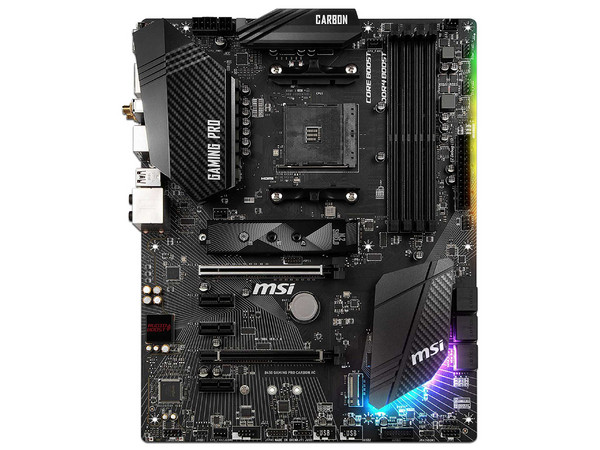 T. Madre MSI B450M GAMING PRO CARBON AC, Chipset AMD B450,
Soporta: AMD Ryzen 1ra y 2da generación, Socket AM4,
Memoria DDR4 1866/2133/2400 / 2667Mhz, 64GB Máx,
Integrado: USB 3.0, M.2,
ATX, Puertos: 1 x PCIe 3.0x16, 3 x PCIe 2.0x1